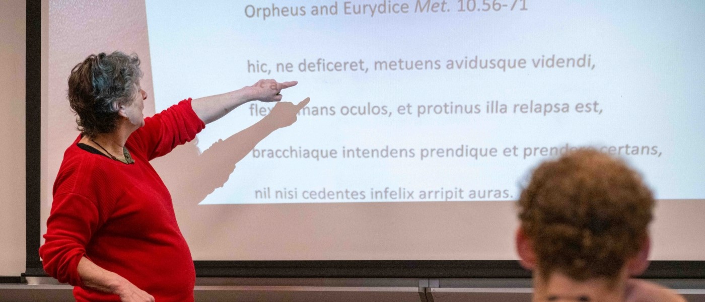 Classics Professor Siegel lecturing before a class