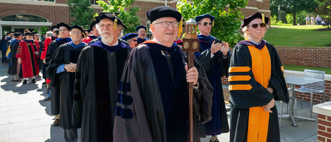 Faculty processing in academic regalia for commencement at Hampden-Sydney College