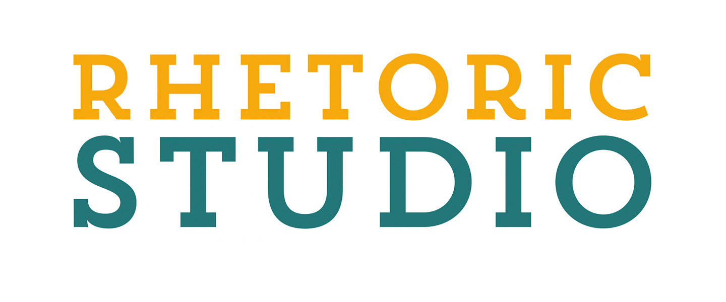 logo that reads, "Rhetoric Studio" in blue and yellow