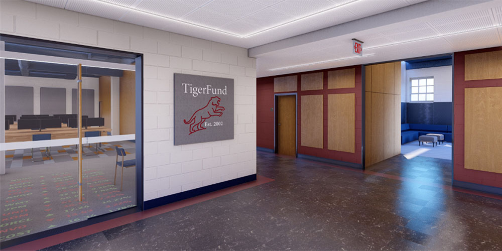 Architectural drawing of Gilmer Hall Tiger Fund Bloomberg lobby