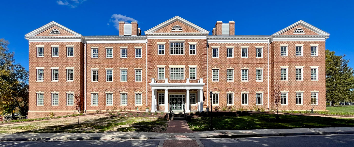 Frontal view of the federalist-style Pauley Science Center at Hampden-Sydney College