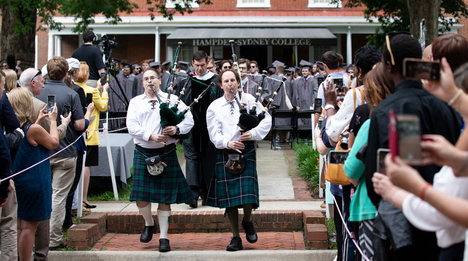 Hampden-Sydney College bag pipe players processing at Commencement 2019