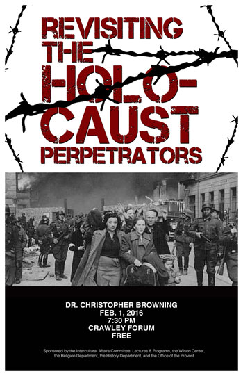 Poster of college event; revisiting Holocaust perpetrators 
