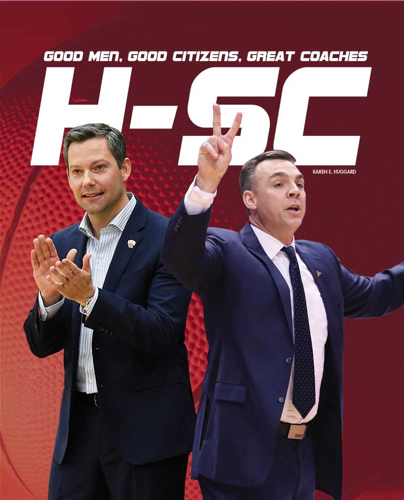 Russell Turner ’92 and Ryan Odom ’96 in a photo that says, Good Men, Good, Citizens, Great Coaches