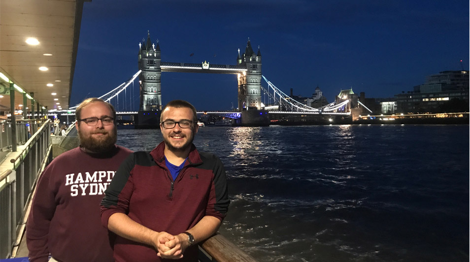 Tyler McGaughey '18 with Will Echols '17 in front of the Tower Bridge in London.