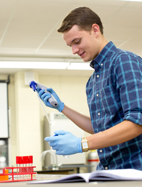 David Bushhouse '19 works in the lab with a petri dish