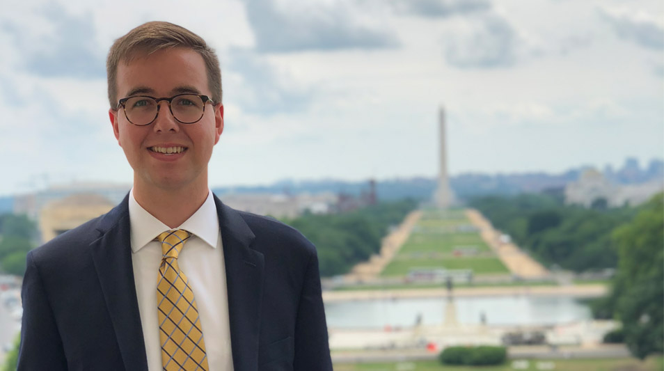 Jacob Mitchell '19 on the Speaker's Balcony in front of the Capital.