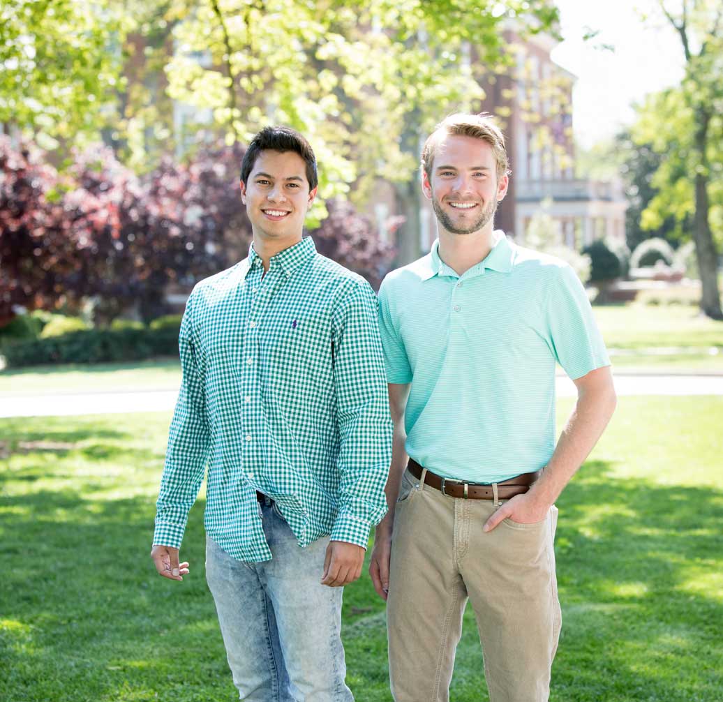 Luis Torres and Tate Socha, Hampden-Sydney College Tiger's Den winners, standing outside