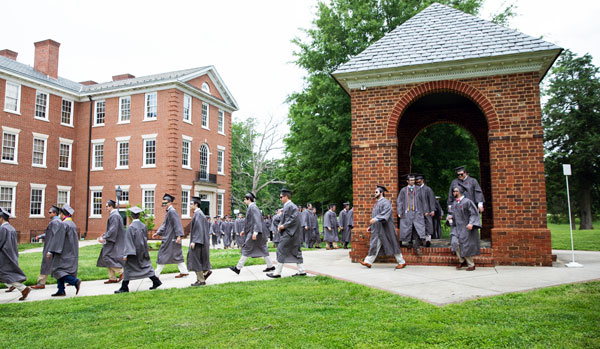 Graduates process through the iconic Bell Tower at Hampden-Sydney College commencement 2019