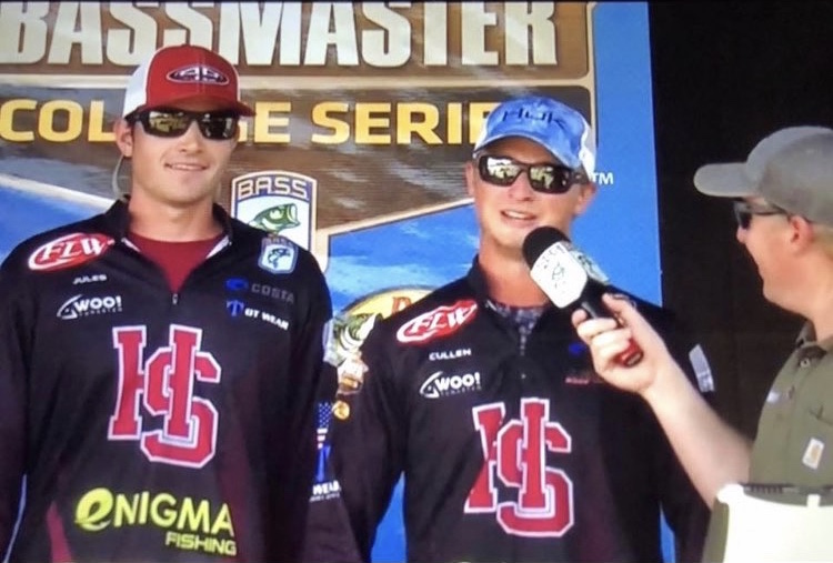 Cullen Lamm-Hoover is interviewed at a bass fishing competition
