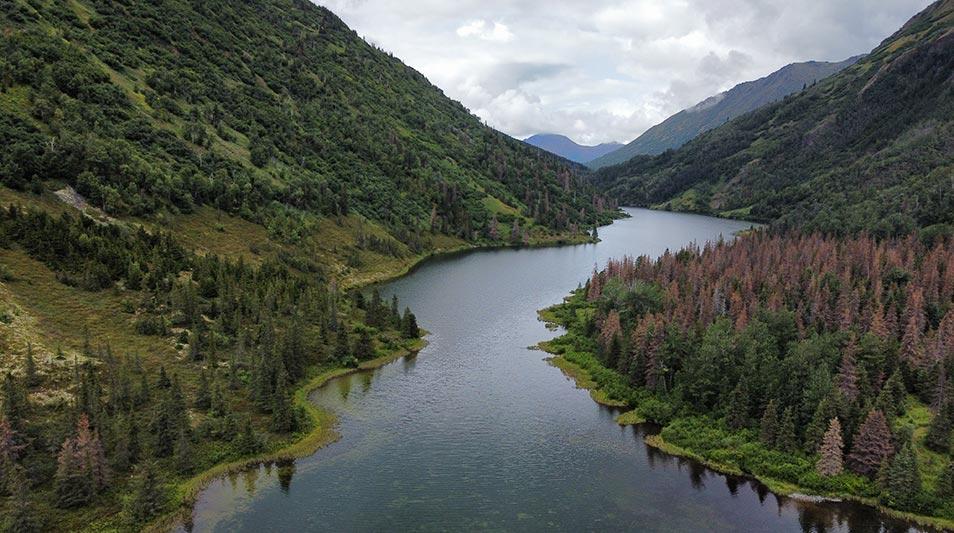 An Alaskan river winds between two mountain passes