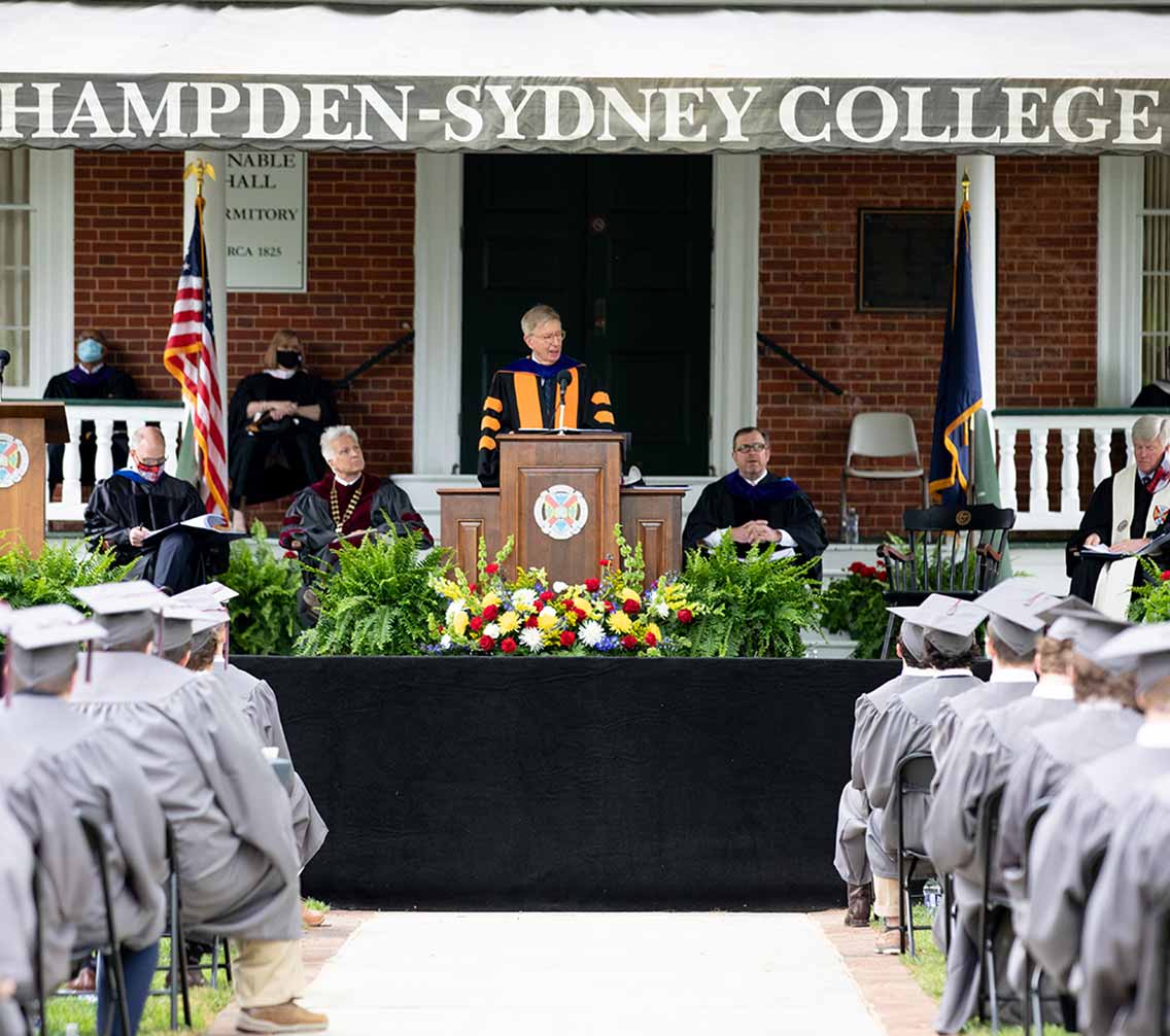 George Wiull giving the Commencement address at Hampden-Sydney College