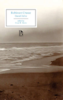 Book cover image of a grayscale image of a beach that reads, "Robinson Crusoe"