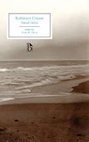 Book cover image of a grayscale image of a beach that reads, "Robinson Crusoe"