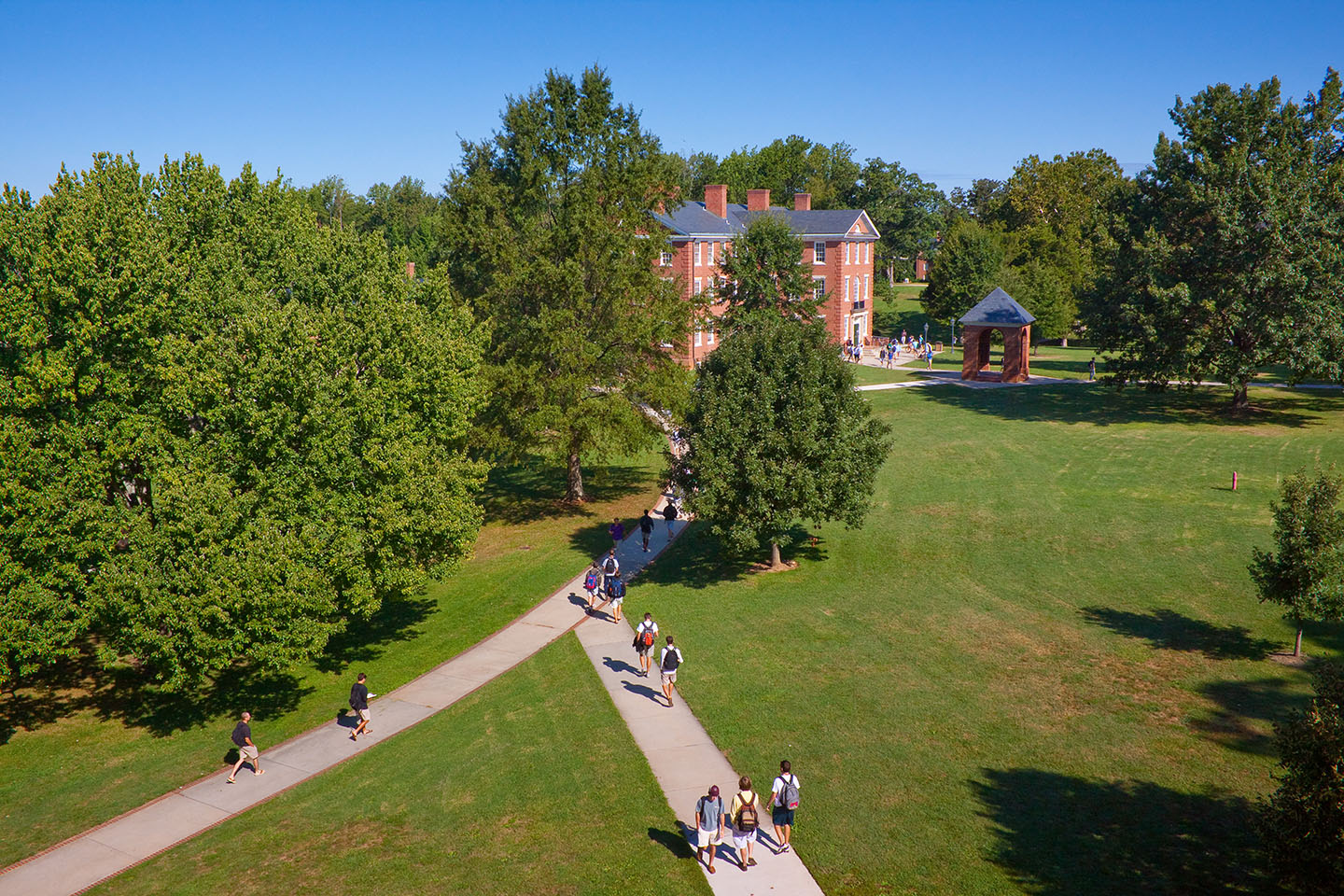an aerial view of Morton Hall and pathways on campus