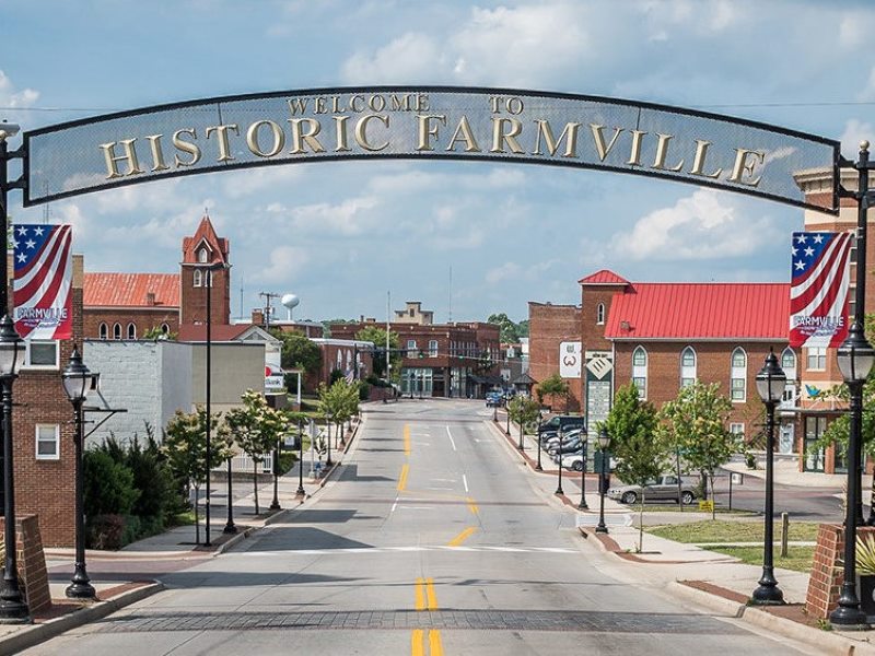 an image looking down the center of the street in downtown Farmville, Virginia