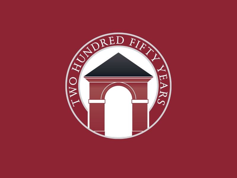 H-SC 250th anniversary logo with the Bell Tower in the center of a garnet background