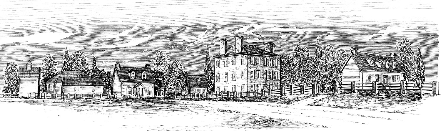 a historic drawing rendering Hampden-Sydney's 'Old College' campus in 1785