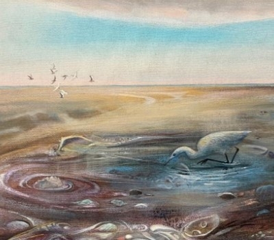 Painting of birds alight on pooling water by Allan Jones