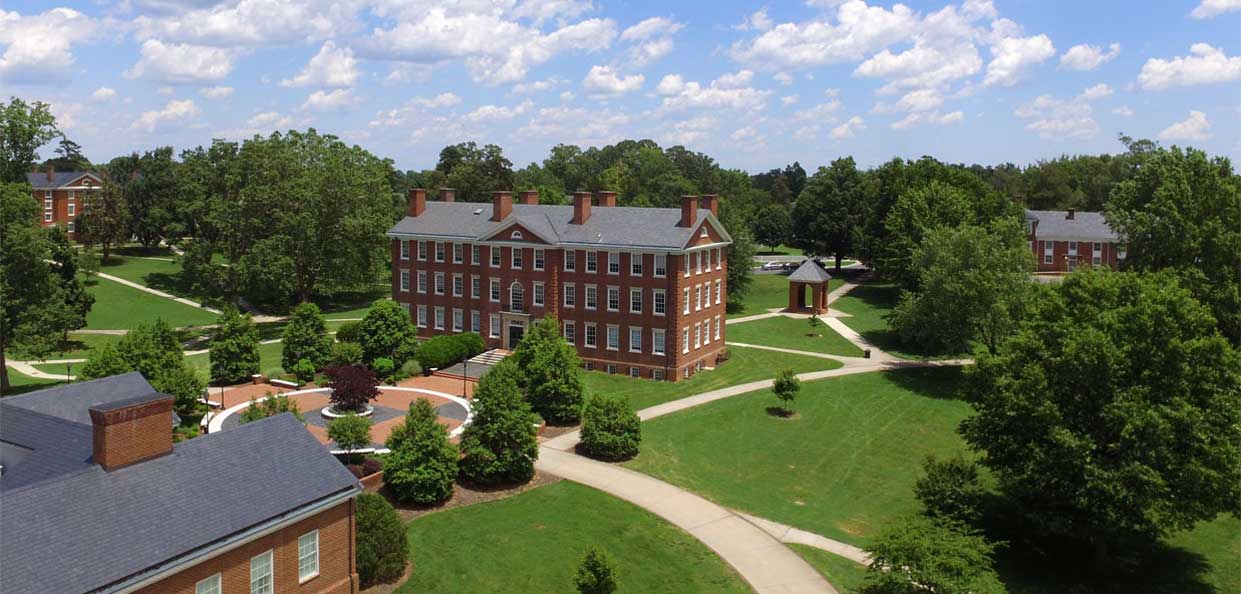 Hampden-Sydney College aerial view of Morton Hall and blue skies