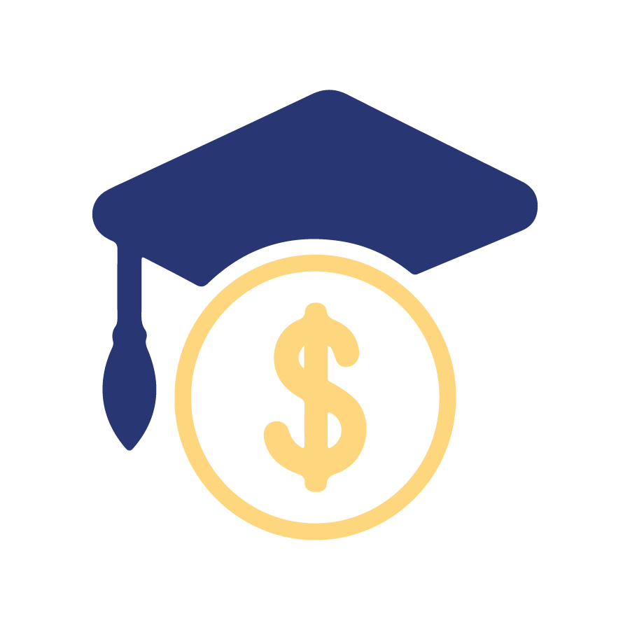 an graphic icon depicting a graduate's head and a dollar sign in a mortarboard