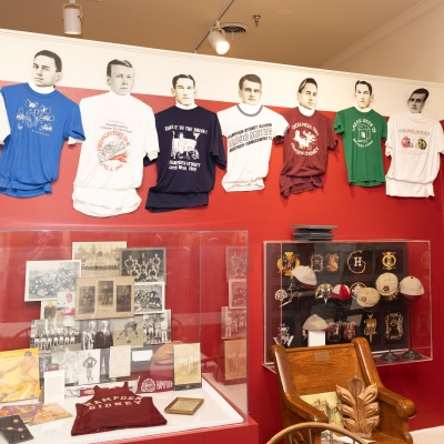 A display of student memorabilia throughout the College's history