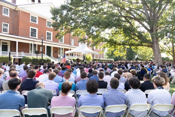 a crowd gathered on Venable Lawn for the opening convocation ceremony