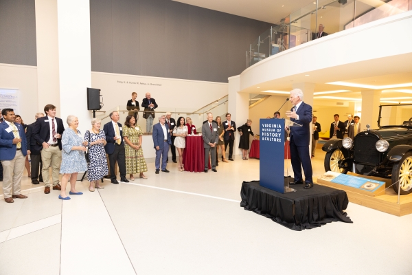 President Stimpert speaking to a gathering at the 250th exhibit at the Virginia Museum of History and Culture