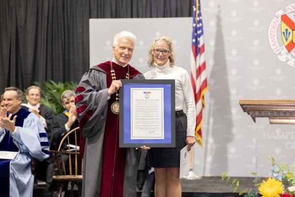 Presiden Stimpert accepting a proclamation at H-SC Founders Day convocation