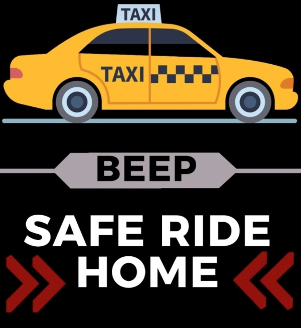 a graphic of a taxi cab that reads, "Beep. Safe Ride Home"