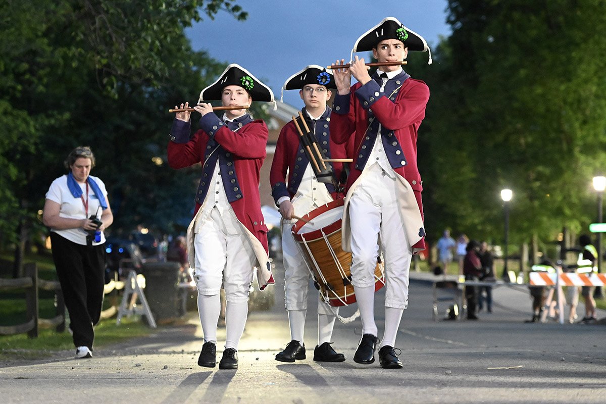 The Fife and Drum Corps marching and playing at the 250th celebration at Hampden-Sydney College