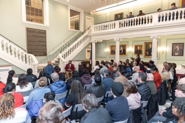 Kevin Richardson in front of a large crowd for the "Fireside Chat" interview