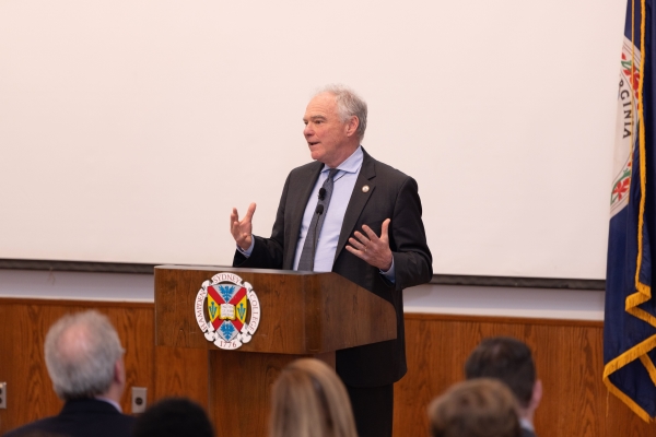 Senator Tim Kaine speaking in front of a crowd at Hampden-Sydney College