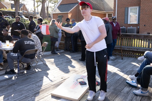Camden Libby &rsquo;26 playing cornhole at MAM weekend