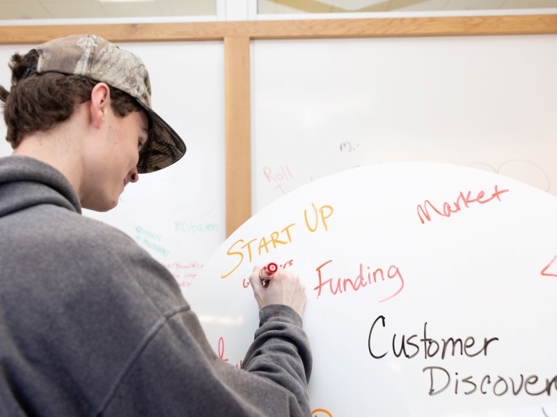 studernt brainstorming ideas on a whiteboard