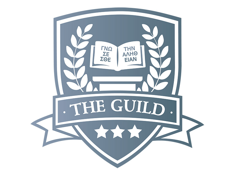 a gray shield icon that says, "The Guild"