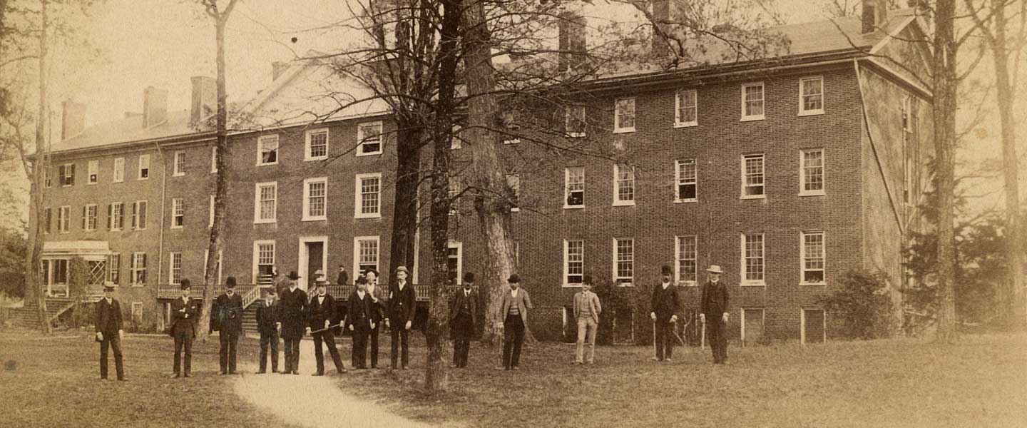 Historic photo of Venable Hall and students at Hampden-Sydney College in 1890