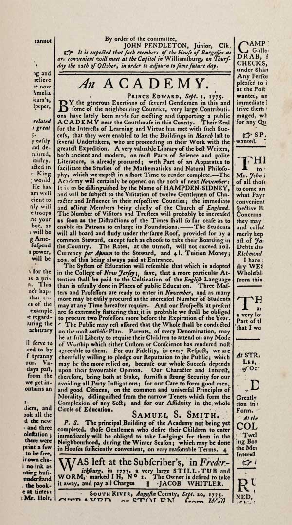 The first advertisement for the College ("Hampden-Sidney") appeared in Williamsburg's Virginia Gazette