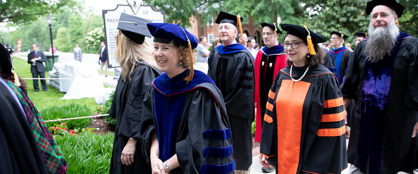 Faculty processing in academic regalia for commencement at Hampden-Sydney College