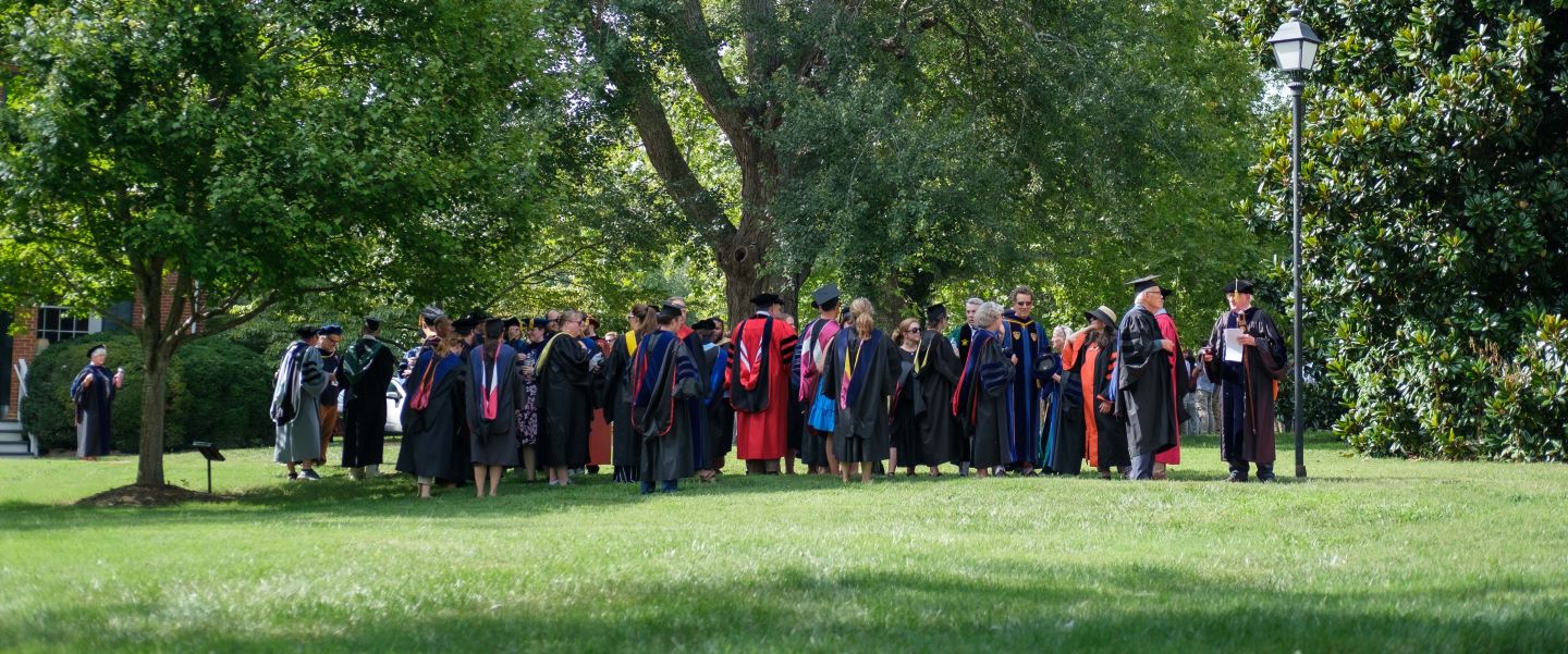 Faculty processing in academic regalia for commencement at Hampden-Sydney College