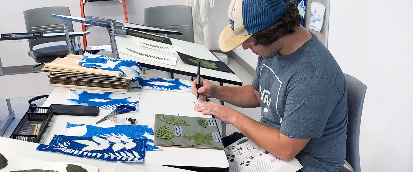 Art student working on an art and ecology project involving leaves and shadows