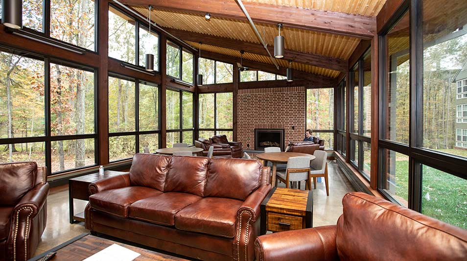 the furnished interior of the new community building at Hampden-Sydney College