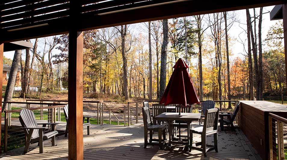 the view of the pond from the new community building at the new residence hall buildings at Hampden-Sydney College