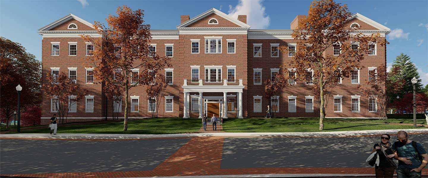artistic rendering of the new Pauley Science Center, a large brick building