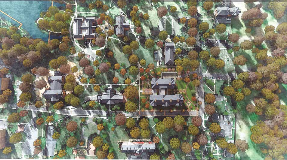 Artistic rendering aerial view of the Pauley Science Center at Hampden-Sydney College