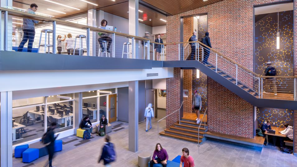 Interior main atrium space and mezzanine of the Pauley Science Center at Hampden-Sydney College