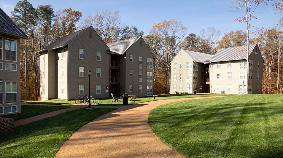 a path leading up to new residence hall buildings at Hampden-Sydney College