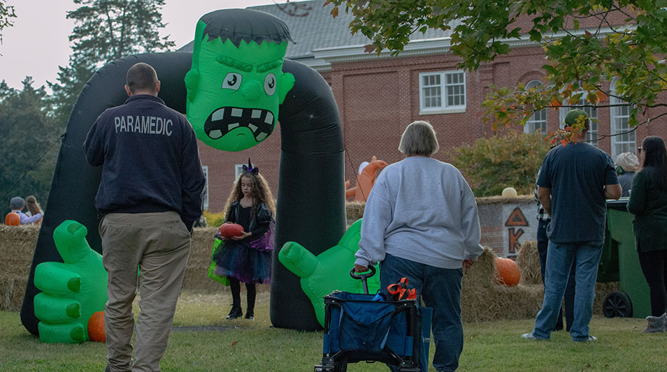 a blow-up Frankenstein Halloween yard decoration
