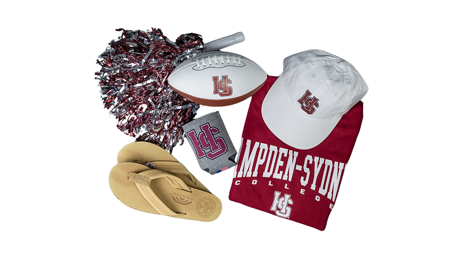 a photo of a Hampden-Sydney College hat, t-shirt, football, and pom-pom