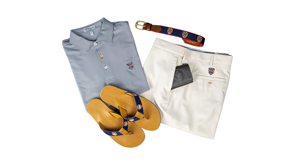 a photo of a pair of Hampden-Sydney College shorts a polo shirt and sandal flip flops